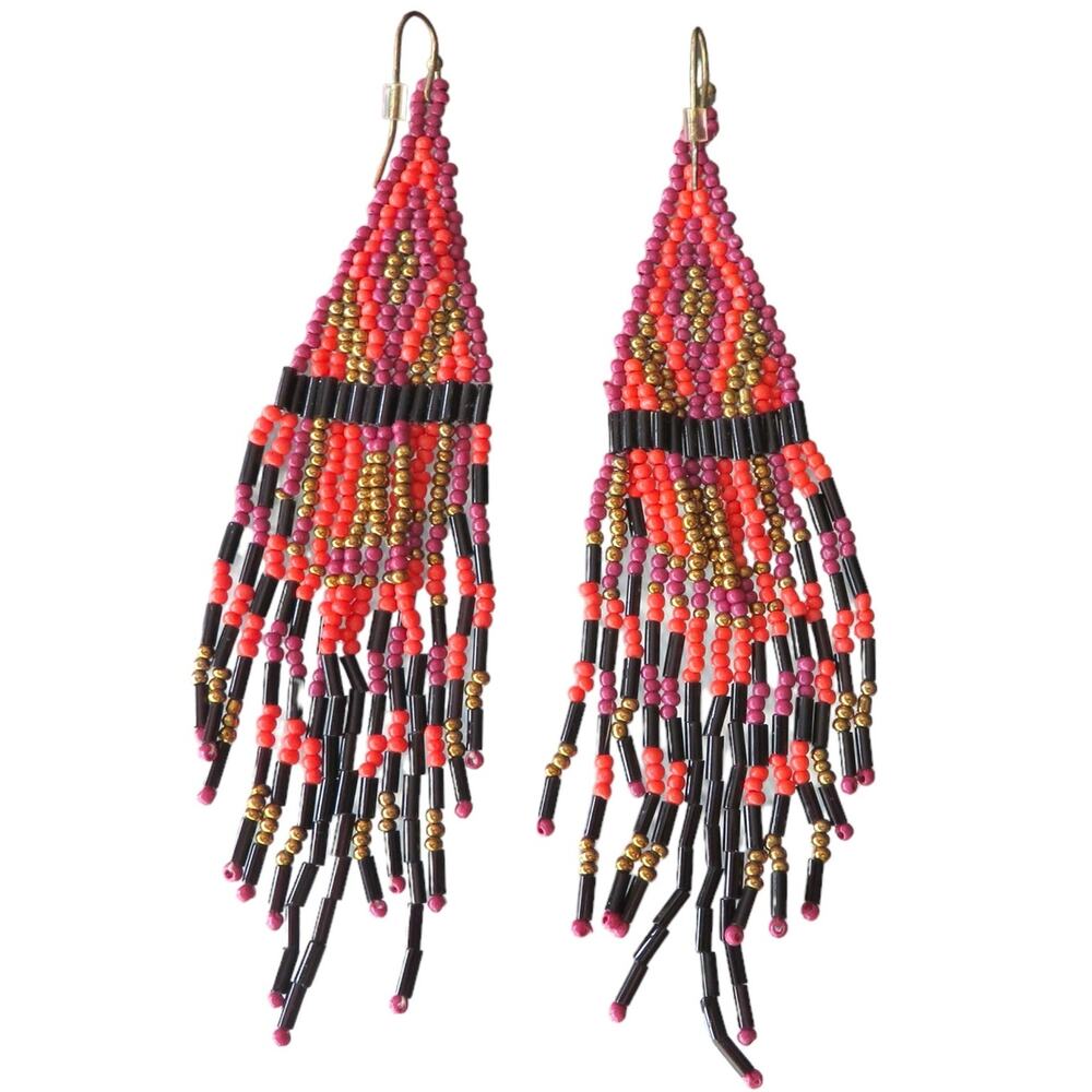 Boho Handmade OOAK Beaded Hanging Earrings Long Lightweight Pink Orange Black - Picture 3 of 10